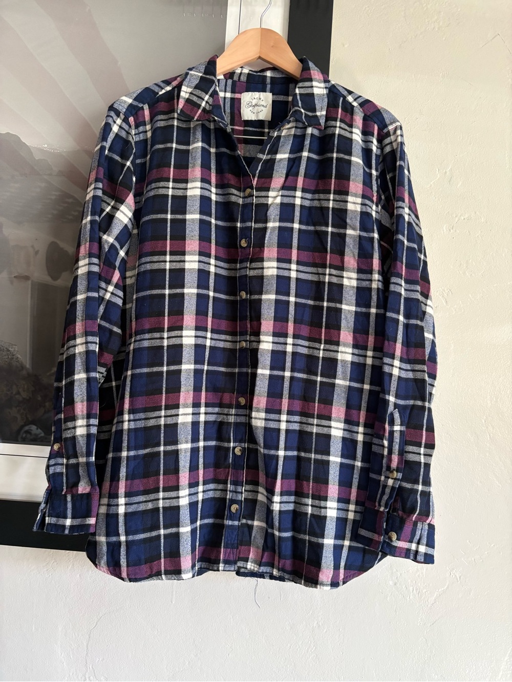 JACHS Girlfriend Navy Pink White flannel Plaid Button-Down Shirt - Relaxed Fit